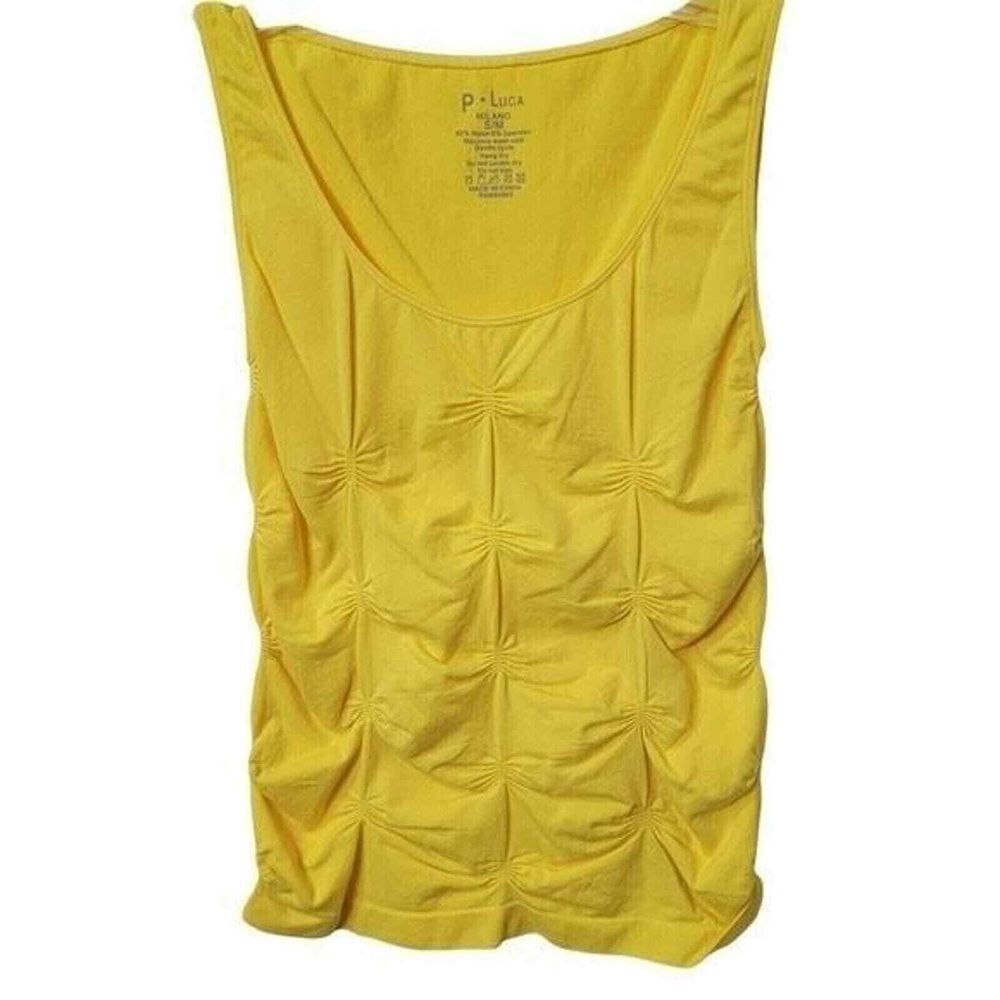 P Luca Blouse Womens Small Yellow Sleeveless Ruffles Stretch Comfort Round Neck